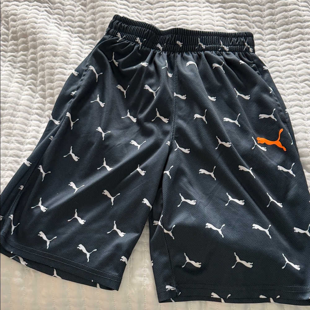 Puma Black Mesh Shorts with White Logo Print and Orange Puma Mark